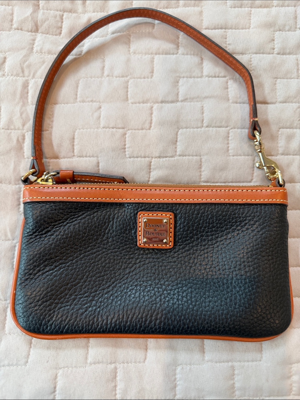 Dooney & Bourke Black Pebbled Leather Wristlet with Brown Trim